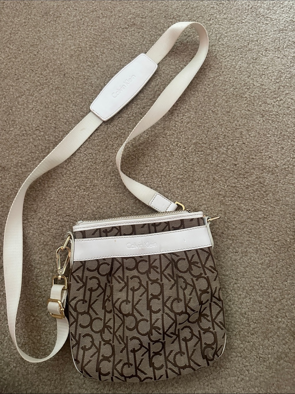 Calvin Klein Brown Signature Crossbody with Cream Strap